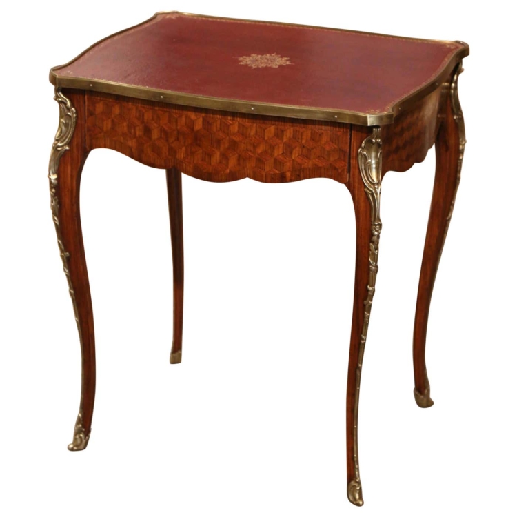 19th Century French Louis XV Leather Top Marquetry Walnut and Bronze Side Table