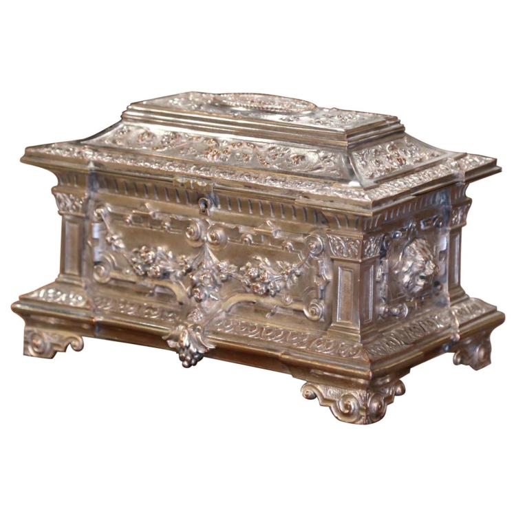 19th Century French Silver Plated over Bronze Jewelry Box with Repousse Motifs