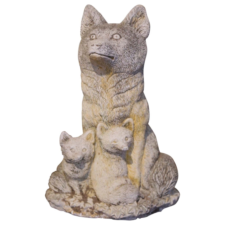Mid-Century French Outdoor Weathered Stone Fox with Two Pups Composition