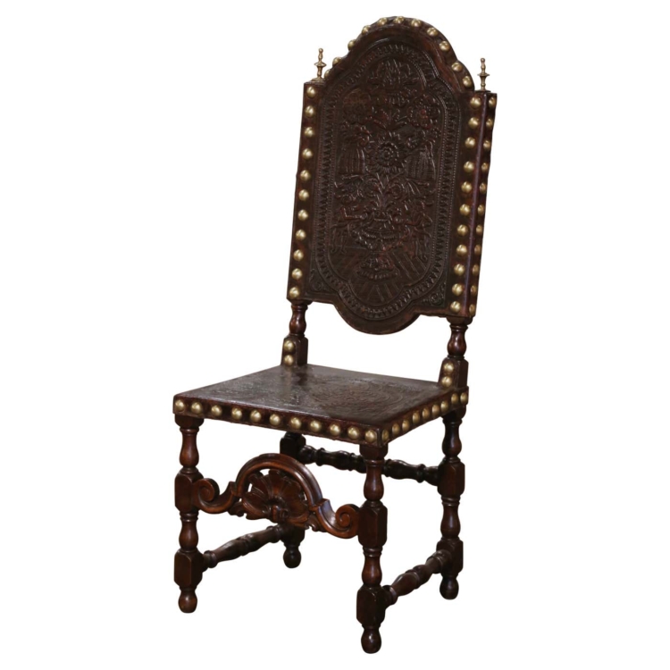 18th Century Portuguese Carved Walnut Chair with Embossed Leather & Brass Nails