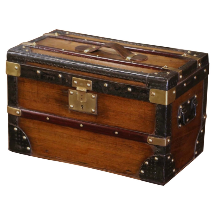 19th Century French Poplar Iron Brass and Leather Travel Trunk Jewelry Box