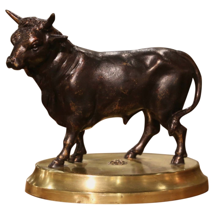 19th Century French Patinated Bronze Bull Sculpture on Oval Brass Base