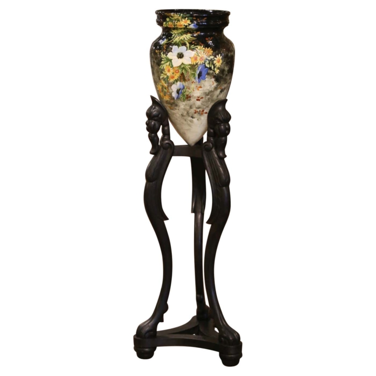 19th Century French Hand Painted Barbotine Faience Vase on Stand from Montigny