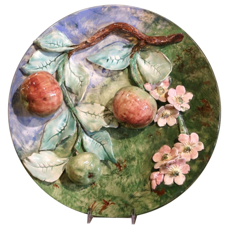 19th Century French Ceramic Barbotine Wall Platter with Apples Signed Longchamp
