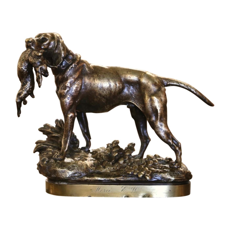19th Century French Dog and Rabbit Gilt Bronze Sculpture Signed P. Lecourtier