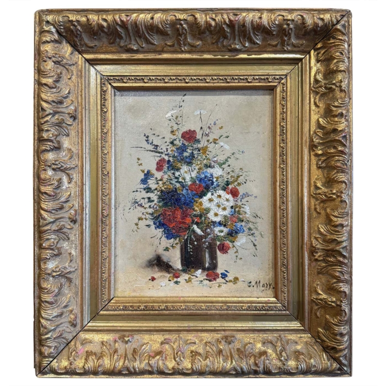 19th Century French Still Life Floral Painting in Carved Gilt Frame Signed Mary