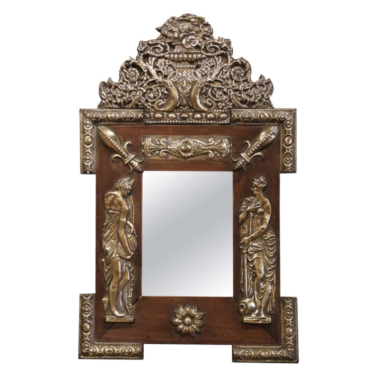 19th Century French Napoleon III Repousse Brass and Pine Wall Mirror