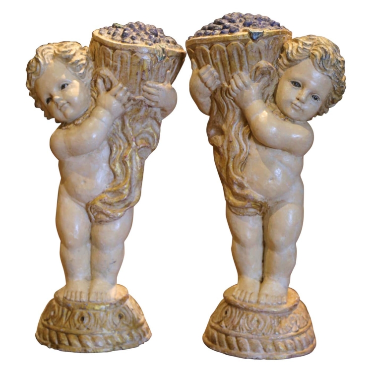 Pair 19th Century Italian Carved Polychrome and Painted Young Bacchus Statues