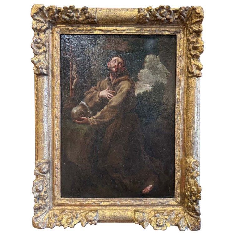 18th Century French Painting on Canvas in Gilt Frame "Saint Francois en Extase"