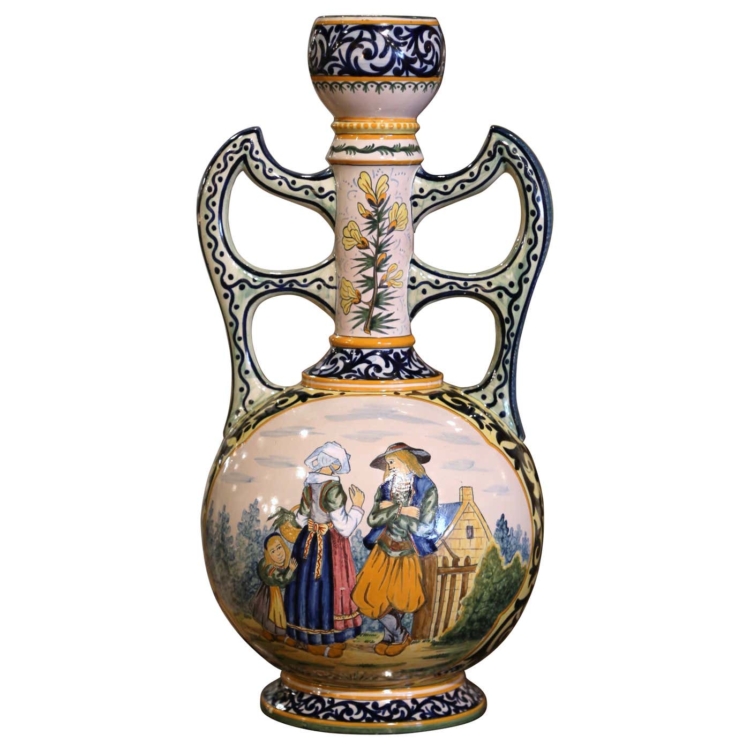 19th Century French Hand Painted Faience Vase Signed Henriot Quimper