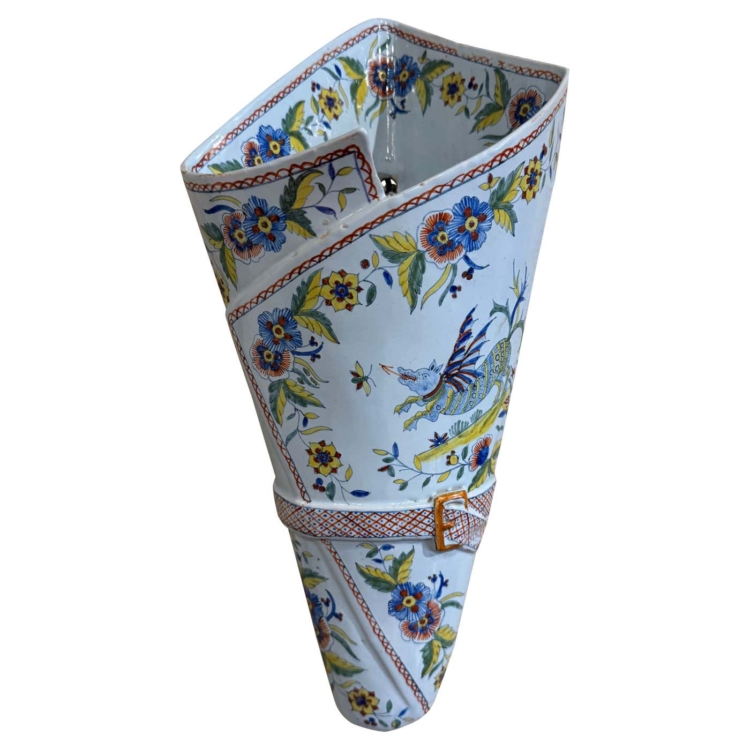 19th Century French Hand Painted Faience Quimper Wall Pocket by "Porquier Beau"
