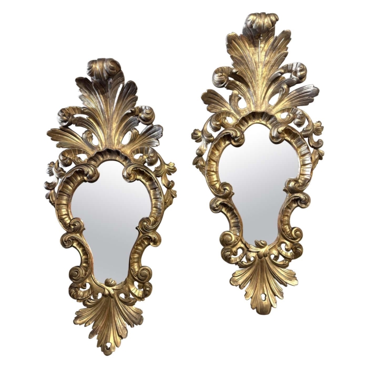 Pair of 19th Century Italian Louis XV Carved Giltwood Wall Mirrors with Foliage