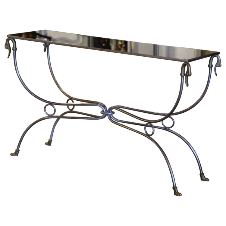 Mid-Century French Polished Iron Bronze and Glass Maison Jansen Console Table