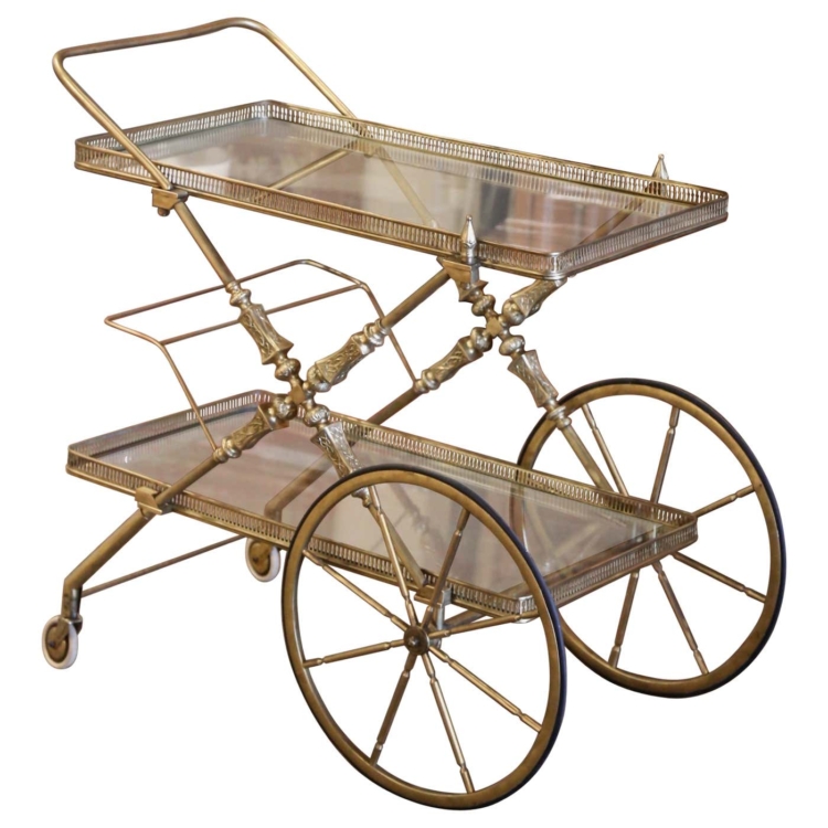 Mid-Century French Bagues Style Two-Tier Brass Bar Cart on Wheels