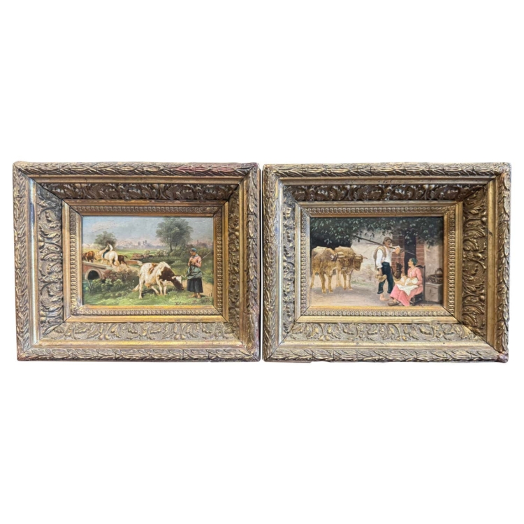 Pair 19th Century French Pastoral Paintings in Gilt Frames after E. Debat-Ponsan
