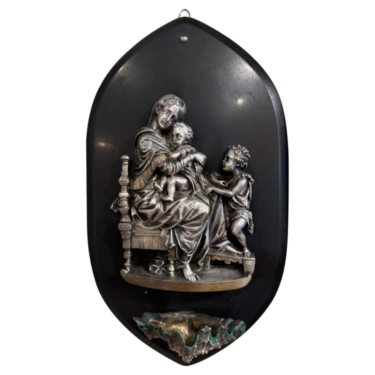 Vintage French Silvered Pewter Holy Water Stoup with Virgin Mary Jesus & John