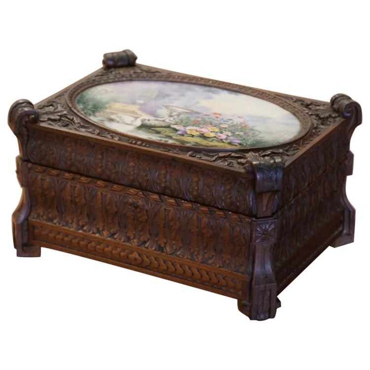 19th Century French Carved Walnut and Porcelain Jewelry Box Signed Fichet Paris