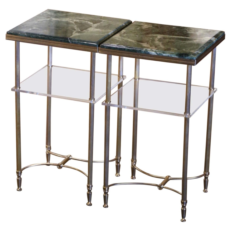 Pair of Mid-Century French Marble Top Brass and Glass Maison Jansen Side Tables