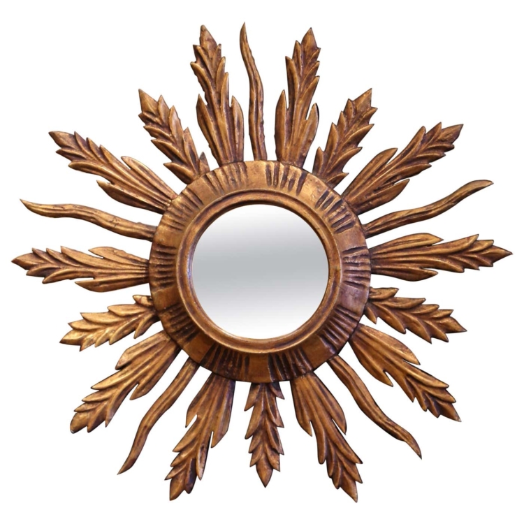 Mid-Century French Carved Giltwood Painted Wall Sunburst Mirror