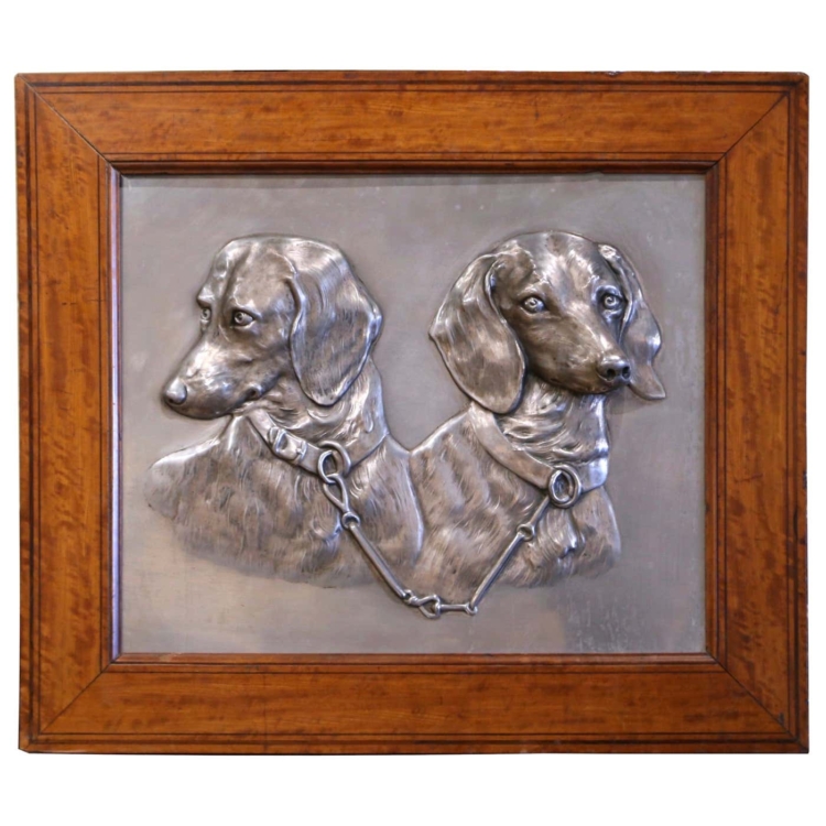 Early 20th Century French Carved Pewter Hunting Dachshunds in Wood Frame