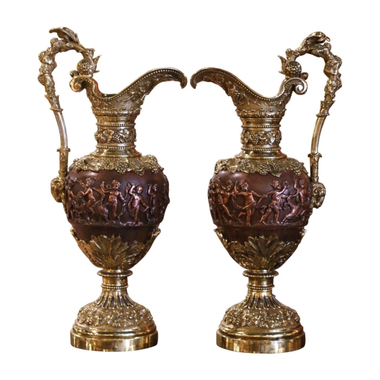 Pair of 19th Century French Renaissance Patinated Bronze Ewers Clodion Style