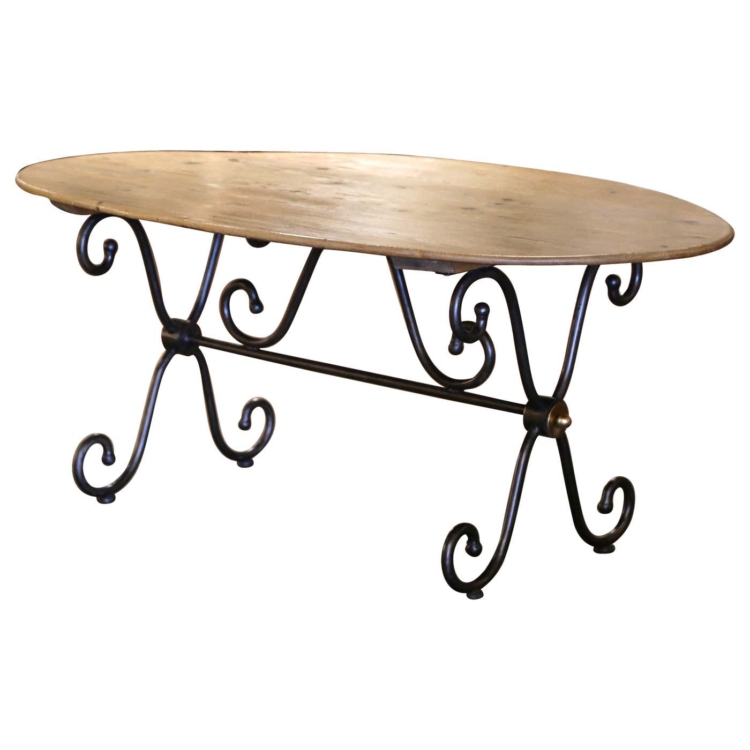 Vintage French Carved Pine Oval Dining Table on Polished Iron Base