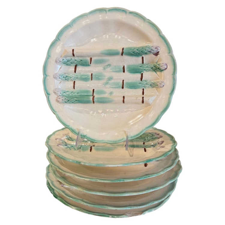 Early 20th Century French Painted Ceramic Barbotine Asparagus Plates, Set of 6