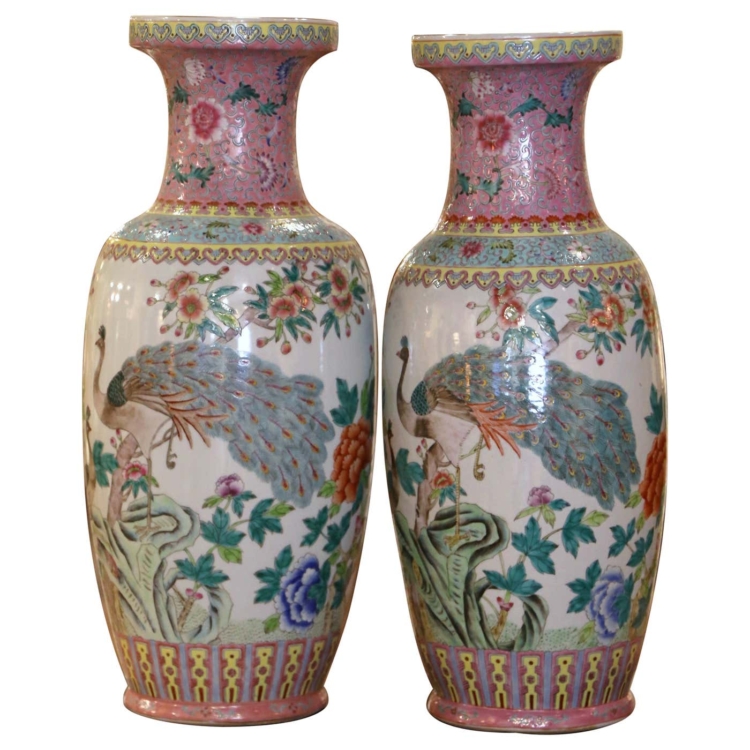 Pair of Mid-Century Chinese Famille Rose Hand Painted Porcelain Vases