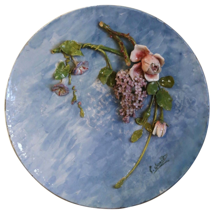 Mid-Century French Hand Painted Ceramic Barbotine Floral Platter Signed Lefranc