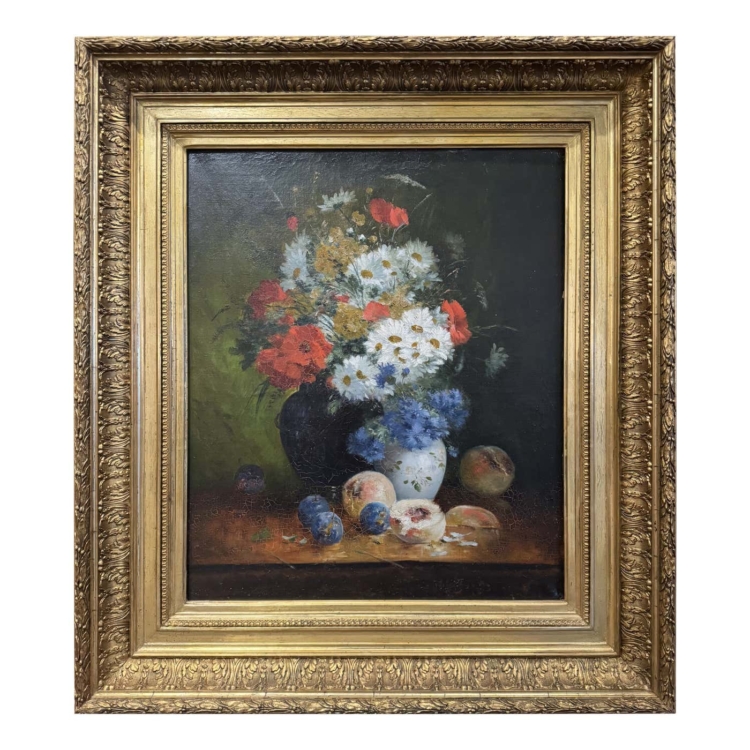 19th Century French Still Life Floral Painting in Carved Giltwood Frame
