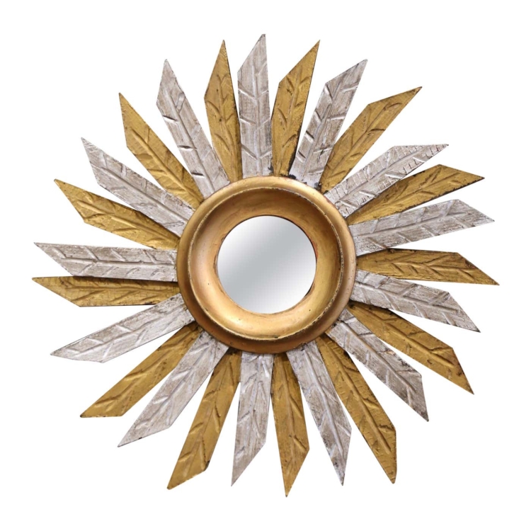 Vintage French Carved Two-Tone Gilt and Silver Painted Sunburst Wall Mirror