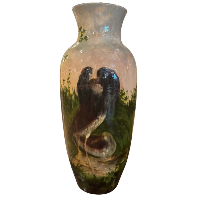 19th Century French Hand Painted Barbotine Faience Vase from Montigny