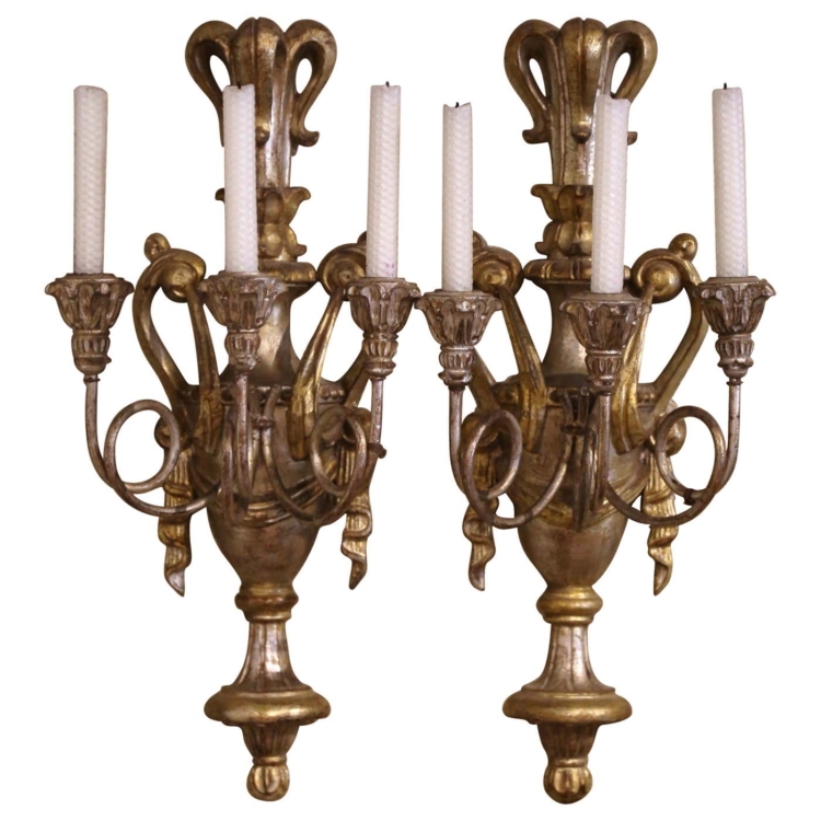 Pair of Mid-Century Italian Carved and Iron Silver Leaf and Gilt Wall Sconces
