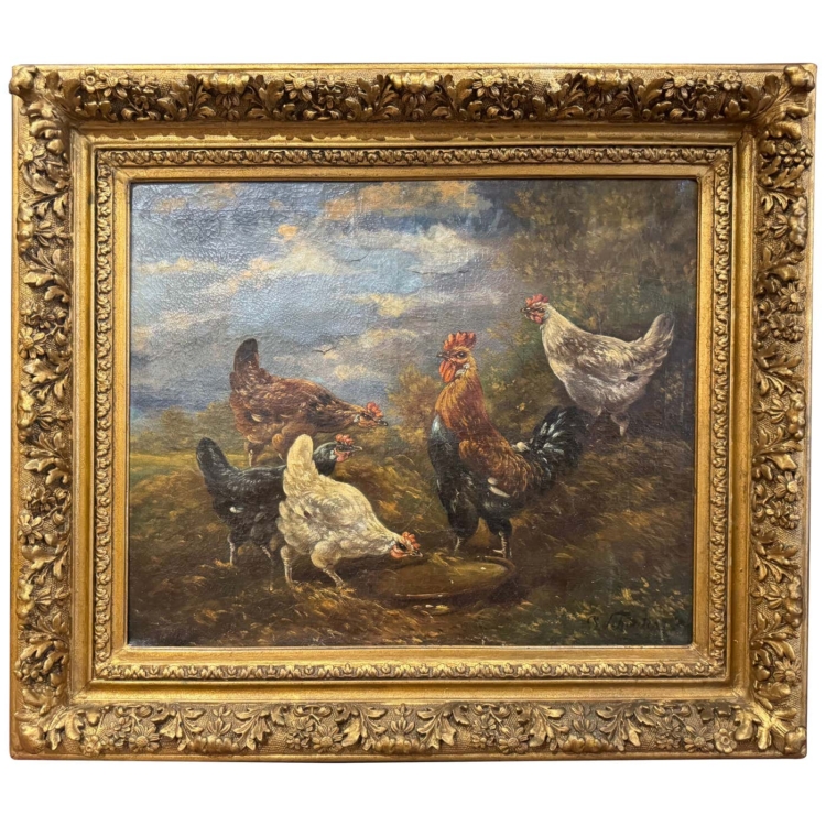 19th Century Oil on Canvas Chicken Painting in Gilt Frame Signed H. Schouten