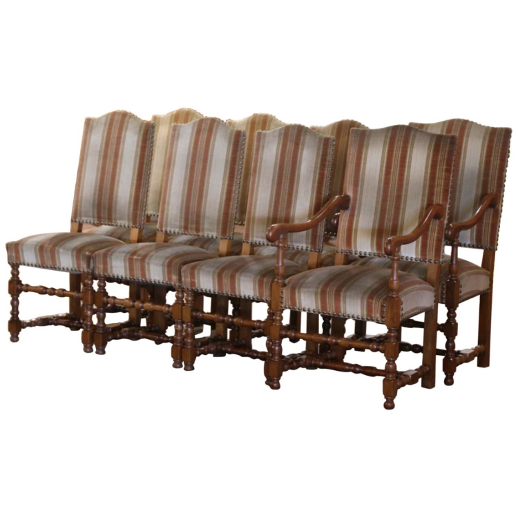 Mid-Century French Louis XIII Carved Oak Dining Chairs & Armchairs, Suite of 8