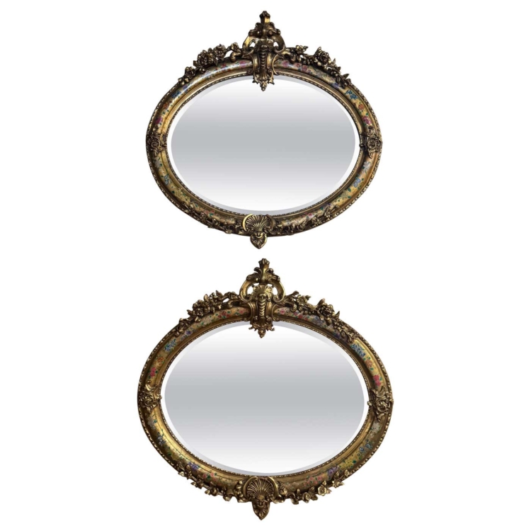 Pair of French Louis XV Carved Giltwood and Paint-Decorated Beveled Oval Mirrors