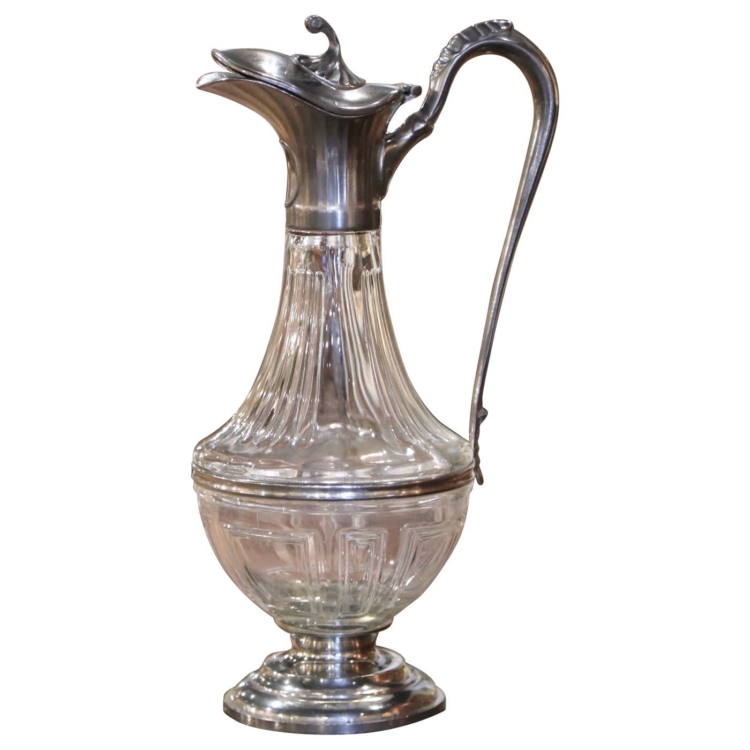 Mid-Century French Crystal and Pewter Wine Carafe with Acanthus Leaf Decor