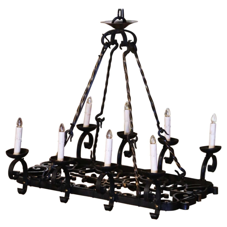 19th Century French Gothic Verdigris Flat Bottom Iron Eight-Light Chandelier