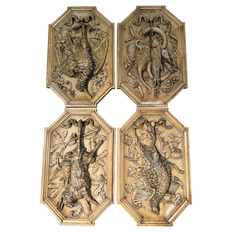 19th Century French Black Forest Carved Hunt Trophies Sculptures, Set of 4