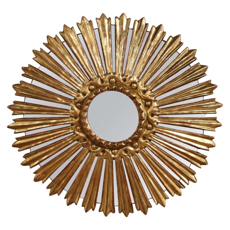 Mid-Century Italian Carved Giltwood Sunburst Wall Mirror with Mirrored Rays