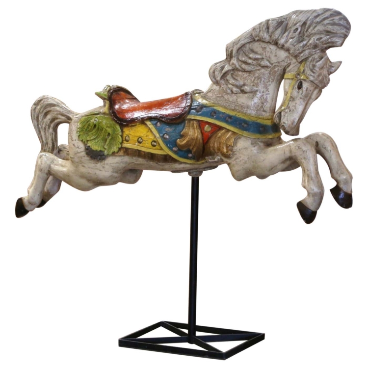 Mid-Century French Carved and Painted Carousel Horse on Metal Stand