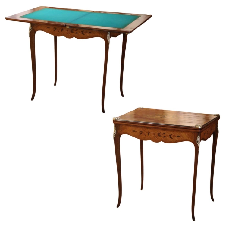 19th Century French Louis XV Inlaid Walnut & Bronze Folding Game Table with Felt
