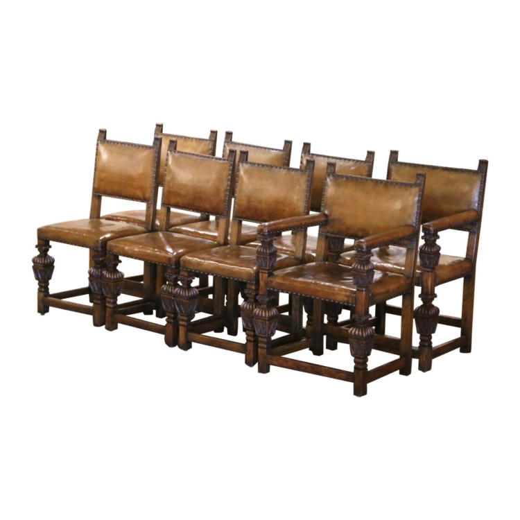 19th Century Carved Oak and Leather Dining Sidechairs & Armchairs, Set of 8