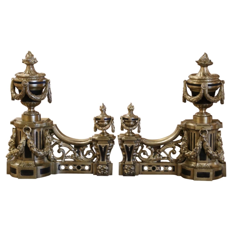 Pair of 19th Century French Louis XVI Two-Tone Bronze Fireplace Chenets