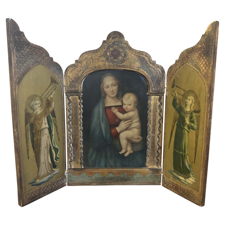 Mid-Century Italian Carved Painted Triptych with Madonna & Child, and Angels