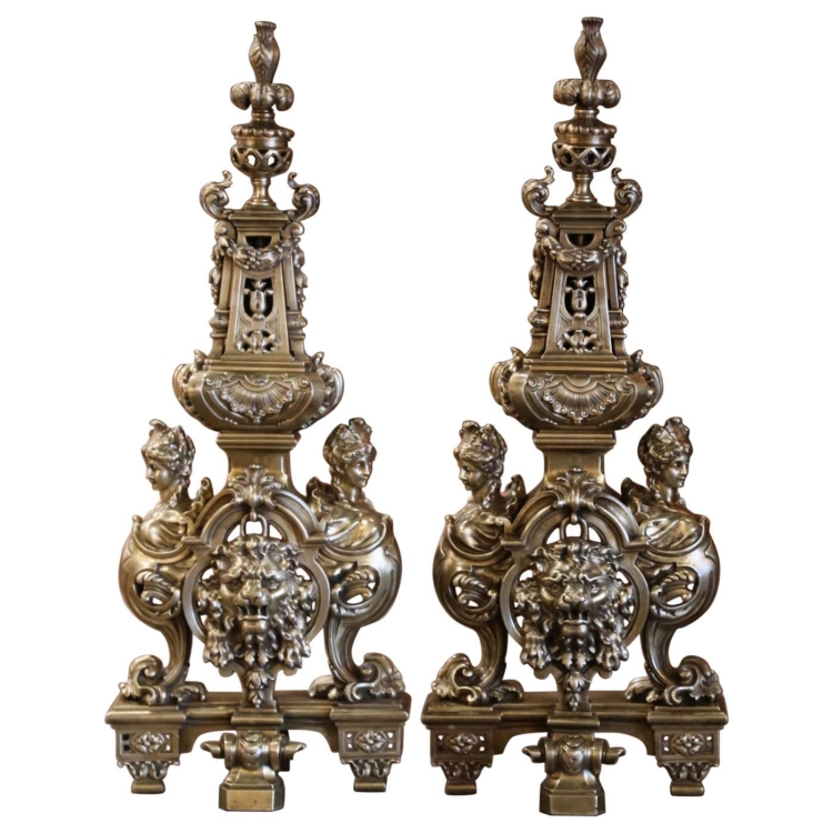 Pair of 19th Century French Baroque Bronze Andirons with Lion & Woman Figures