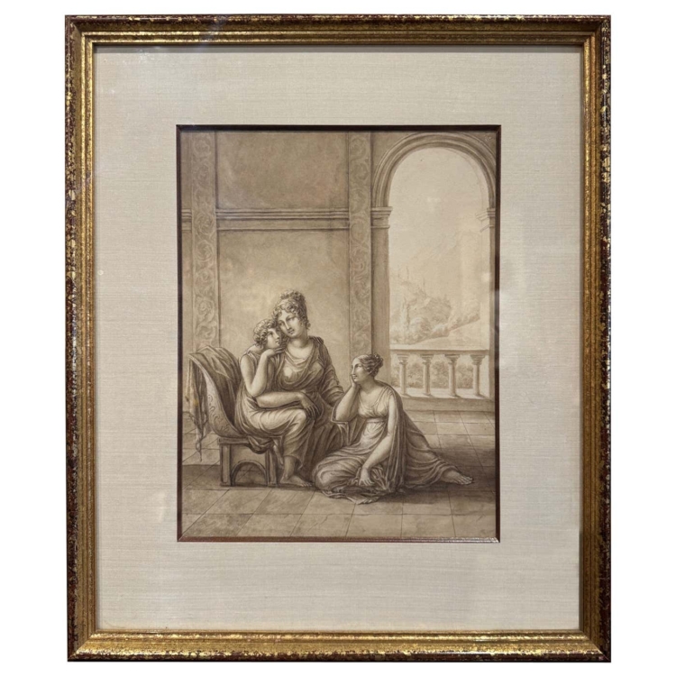 19th Century French Neoclassical "Grisaille" Painting on Paper in Giltwood Frame