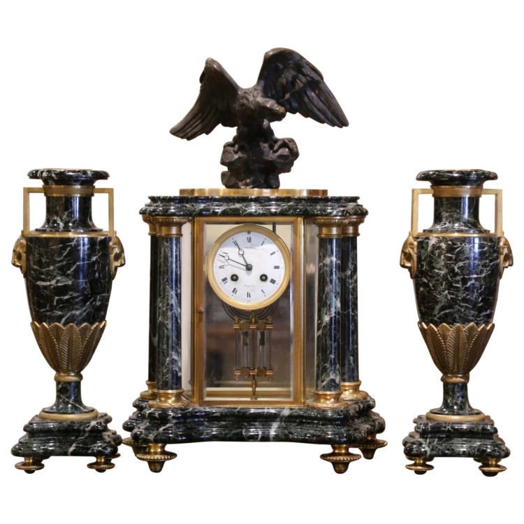 19th Century French Empire Marble & Bronze Mantel Clock with Cassolettes
