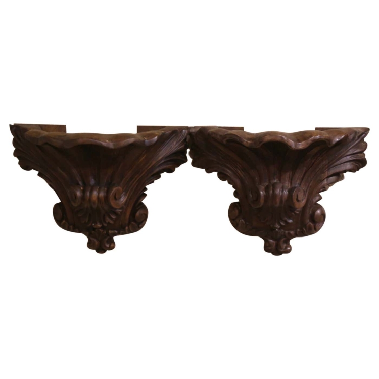 Pair of 19th Century Louis XV Carved Walnut Wall Brackets Consoles from Provence