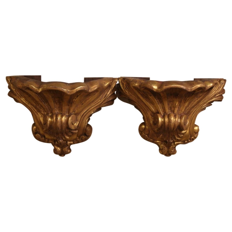 Pair 19th Century Louis XV Carved Giltwood Wall Brackets Consoles from Provence